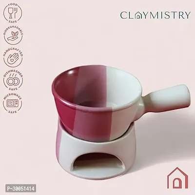 Claymistry Ceramic Pink Tri-Shaded Fondue Set (Bowl 20cm * 13cm * 5cm) (Coaster 13cm * 13cm * 7cm) Glossy | Dishwasher  Microwave Safe | Melting Pot for Cheese  Chocolate | | Premium Crockery-thumb3