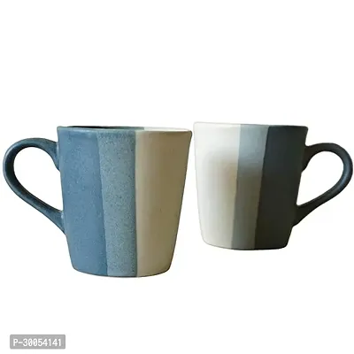 Claymistry Ceramic White, Grey  Blue Stripes Mug  Set of 2