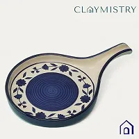 Claymistry Ceramic Dinner  Snacks Round Blue  White Florals with Handle Tray-thumb1