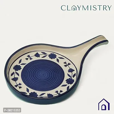 Claymistry Ceramic Dinner  Snacks Round Blue  White Florals with Handle Tray-thumb2