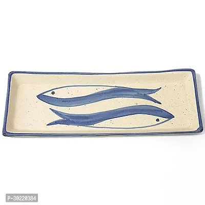 Claymistry Ceramic Dinner  Snacks White with Blue Fish Rectangle Serving Plate