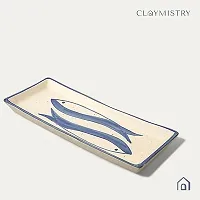 Claymistry Ceramic Dinner  Snacks White with Blue Fish Rectangle Serving Plate-thumb2