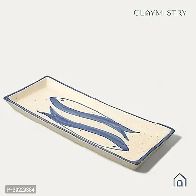 Claymistry Ceramic Dinner  Snacks White with Blue Fish Rectangle Serving Plate-thumb3