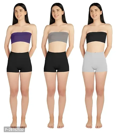 Gauri Creation | Women's Fabric Nylon Regular Fit Non-Padded and Non-Wired Seamless Strapless Tube Bra Pack of 3 (Purple  Grey  Black)