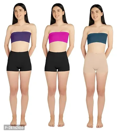 Gauri Creation | Women's Fabric Nylon Regular Fit Non-Padded and Non-Wired Seamless Strapless Tube Bra Pack of 3(Purple  Pink  Teal)