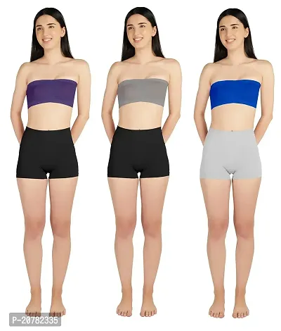 Gauri Creation | Women's Fabric Nylon Regular Fit Non-Padded and Non-Wired Seamless Strapless Tube Bra Pack of 3 (Purple  Grey  Blue)