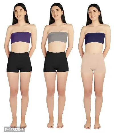 Gauri Creation | Women's Fabric Nylon Regular Fit Non-Padded and Non-Wired Seamless Strapless Tube Bra Pack of 3 (Purple  Grey  Navy Blue)