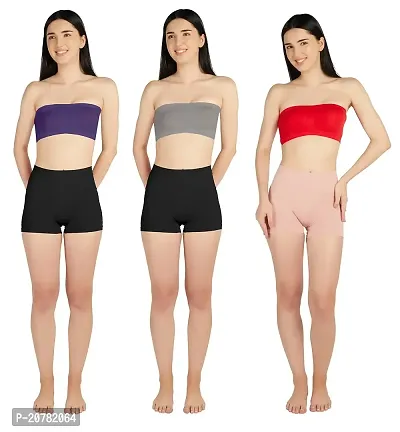 Gauri Creation | Women's Fabric Nylon Regular Fit Non-Padded and Non-Wired Seamless Strapless Tube Bra Pack of 3 (Purple  Grey  Red)