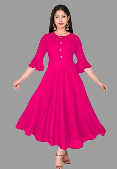 Xylophone?Women's Stylish Rayon Beautiful Solid Anarkali Kurta Gown (Pink-L)