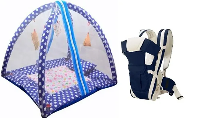 Combo of Bedding Newborn Baby's Poly Cotton Sleeping Bedding Set with Mosquito Net and Play Gym, (0-15 Months) with 4-in-1 Adjustable Baby Front and Back Carrier Sling Bag