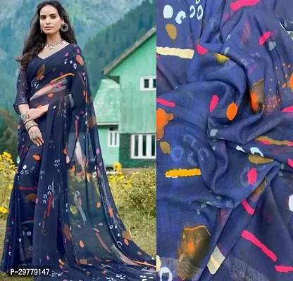 Stylish Chanderi Silk Blue Printed Saree with Blouse piece
