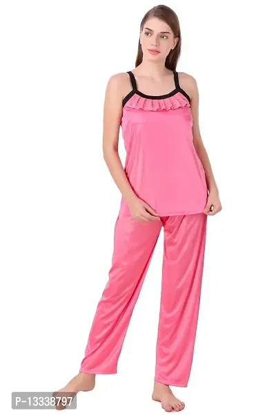 Fasense Women Satin Nightwear Sleepwear Top & Pyjama Set (Coral Pink, Medium)