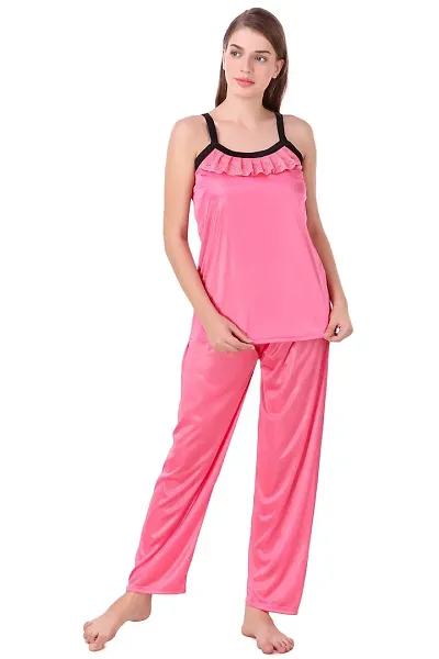 Fasense Women Satin Nightwear Sleepwear Top & Pyjama Set (Coral Pink, Medium)