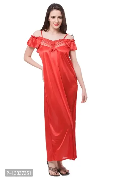 Fasense Women Satin nighwear Sleepwear Solid Long Nighty SR041 Color Red Size Large-thumb0