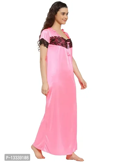 Fasense Women Lycra Satin Solid Nightwear Long Nighty KL011 A (Neon Pink, L)-thumb4