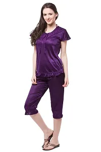 Fasense Women Satin nighwear nightsuits Solid top and capry Set SR045 Color Purple Size Large-thumb2