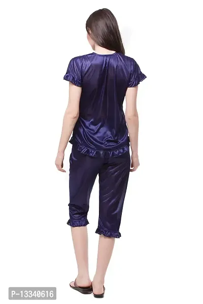 Fasense Women Satin nighwear nightsuits Solid top and capry Set SR045 Color Navy Blue Size Medium-thumb3