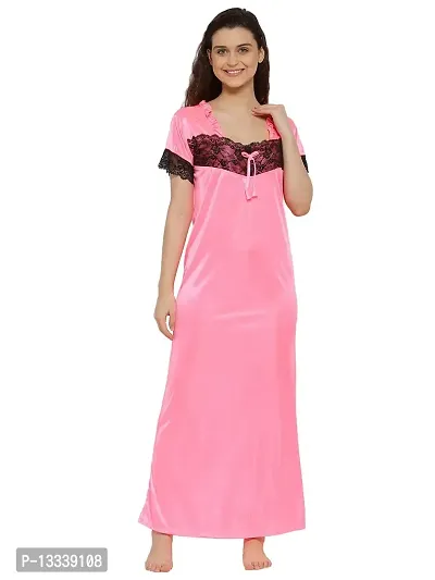 Fasense Women Lycra Satin Solid Nightwear Long Nighty KL011 A (Neon Pink, L)