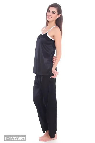 Fasense Women Satin Nightwear Sleepwear Top & Pyjama Set (Black and White, Medium)-thumb2