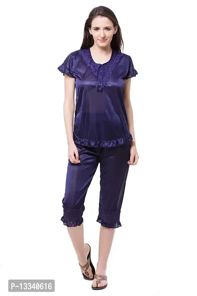 Fasense Women Satin nighwear nightsuits Solid top and capry Set SR045 Color Navy Blue Size Medium-thumb0