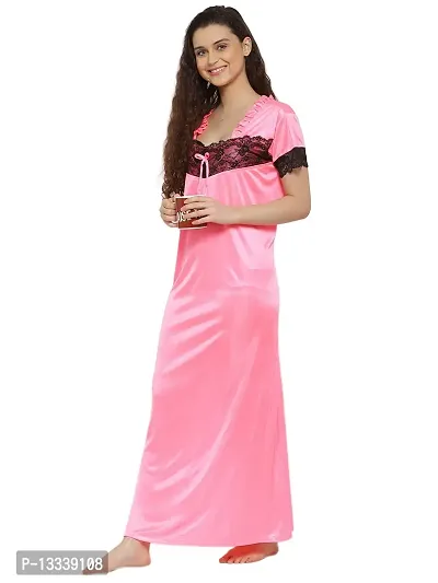 Fasense Women Lycra Satin Solid Nightwear Long Nighty KL011 A (Neon Pink, L)-thumb3