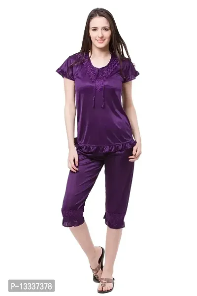 Fasense Women Satin nighwear nightsuits Solid top and capry Set SR045 Color Purple Size Large