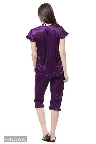 Fasense Women Satin nighwear nightsuits Solid top and capry Set SR045 Color Purple Size Large-thumb2