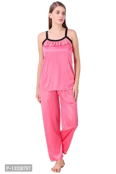 Fasense Women Satin Nightwear Sleepwear Top & Pyjama Set (Coral Pink, Medium)-thumb4