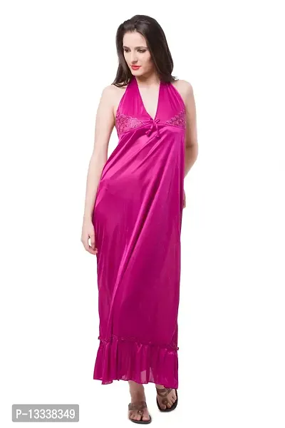 Fasense Women Satin Nightwear Sleepwear Solid Halter Neck Nighty Color Wine Size Large