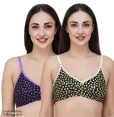 Fasense Leaf Print Medium Coverage Wire Free Non Padded Bra (Pack of 2 Color) Purple, Yellow
