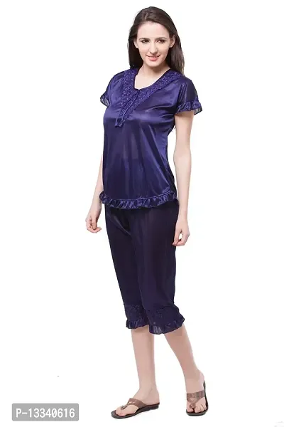 Fasense Women Satin nighwear nightsuits Solid top and capry Set SR045 Color Navy Blue Size Medium-thumb2