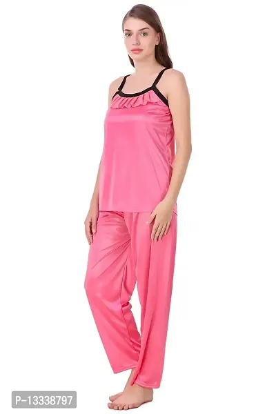 Fasense Women Satin Nightwear Sleepwear Top & Pyjama Set (Coral Pink, Medium)-thumb2