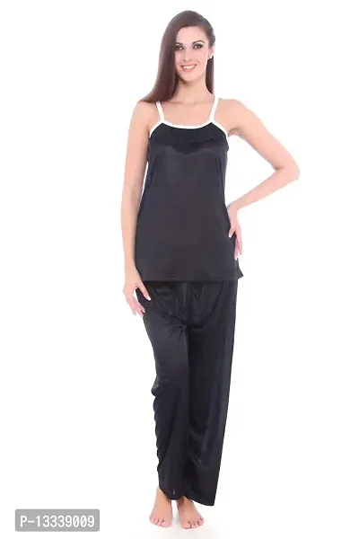 Fasense Women Satin Nightwear Sleepwear Top & Pyjama Set (Black and White, Medium)-thumb0
