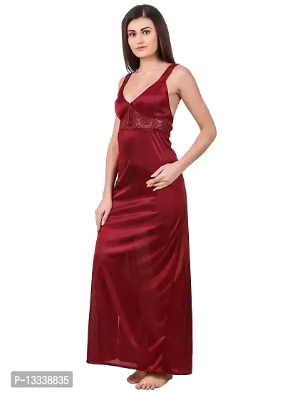 Fasense Women Satin Nightwear Sleepwear Solid Long Nighty SR048 Color Maroon Size Large-thumb2