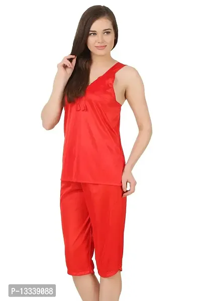 Fasense Women Satin Nightwear Nightsuits Top and Capry Set SR018 E Size Medium Red-thumb2