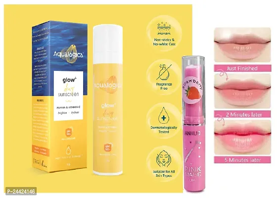 Aqualogica Glow+ yellow Sunscreen SPF 50 PA+++ 50g + ,agic pink lip balm