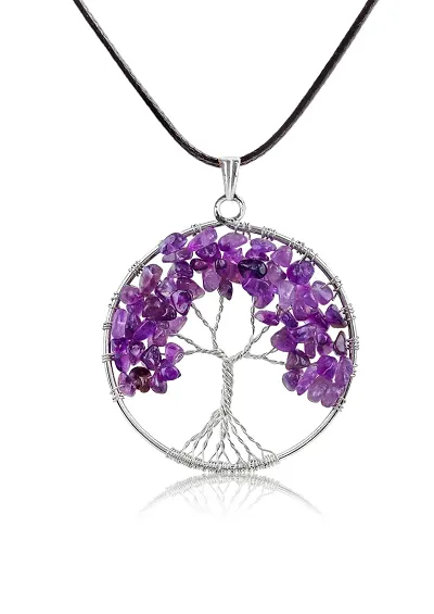 Amethyst Stone Healing Crystals and Stones Crystal Pendants Necklace for Women Good Luck Charm Spiritual Gift for Him Her Jewelry for Women Men (Tree of life Silver)