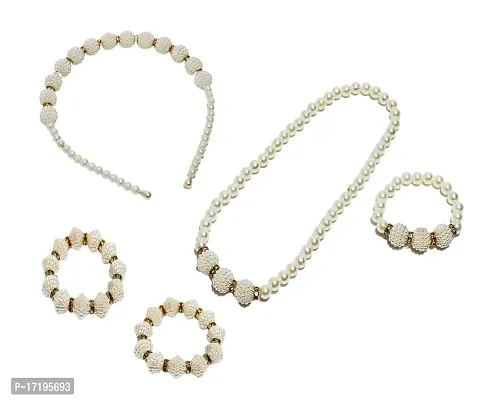 Barakath White Pearl with Bracelet Pearl Shell Necklace And Hair Band Set for Baby Girls-thumb0