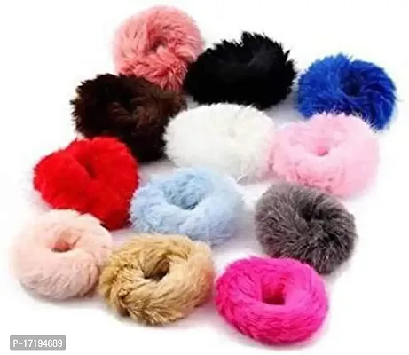 Barakath Faux Fur Hair Scrunchies Ties Furry Elastic Hair Bands Fuzzy Ponytail Holders for Girls and Women (Pack of 12) - Multicolor-thumb0