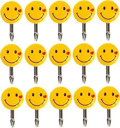 Plastic Self Adhesive Smiley Wall Hooks, Wall Sticker Hooks Load Capacity Up to1 kg, Set of 15 Pieces