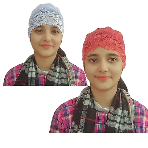 Hejabiya Cotton Lace/Net Hijab Cap Headband underscarf cap for women Multi Color Cap set of 2 (White and Pink) Combo Offer