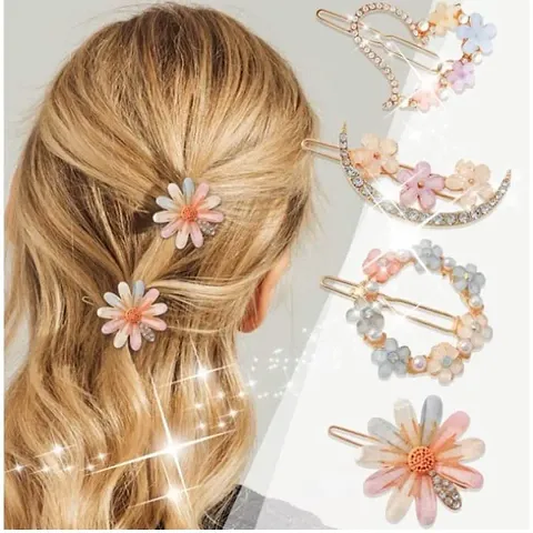 4 PCS Rhinestone Hair Clips for Women Girls, Decorative Bobby Pins, Glitter Crystal Flower Hairpin, Handmade Metal Barrettes Hair Jewelry Wedding Accessories Set (Gold)