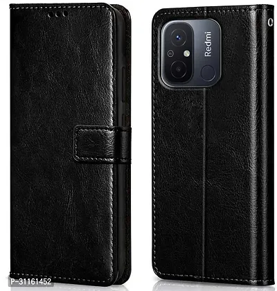 Coverblack Dual Protection Artificial Leather,Rubber Flip Cover For Redmi 12CVenom Black-thumb0