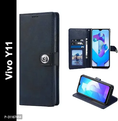 Classy Magnetic Case Artificial Leather Flip Cover For Vivo 1906 , Y11Navy Blue-thumb0