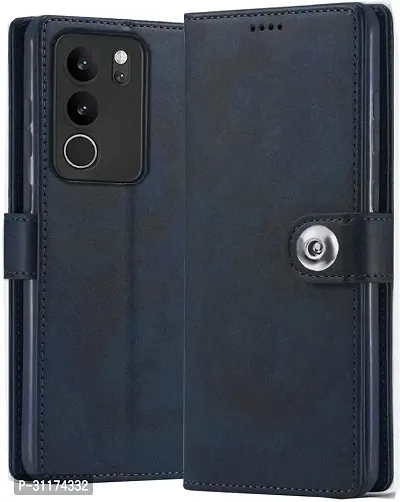 Classy Shock Proof Artificial Leather,Rubber Flip Cover For Vivo V29 5GBlue-thumb0