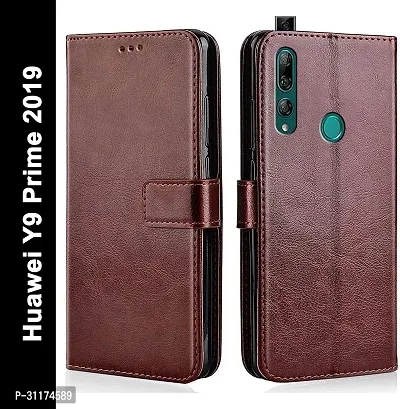 Classy Magnetic Case Artificial Leather,Rubber Flip Cover For Huawei Y9 Prime 2019Executive Brown-thumb0