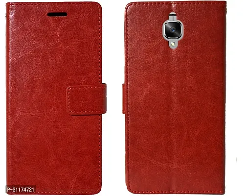 Classy Dual Protection Artificial Leather,Rubber Flip Cover For Oneplus 3 A3003Vintage Red-thumb2