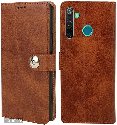 Classy Dual Protection Artificial Leather,Rubber Flip Cover For Oppo Realme 5IExecutive Brown-thumb0