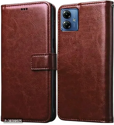 Coverblack Matte Finish Artificial Leather,Rubber Flip Cover For Motorola G14Tan Brown-thumb0