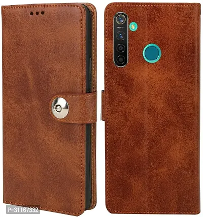 Classy Dual Protection Artificial Leather,Rubber Flip Cover For Oppo Realme 5SExecutive Brown-thumb0